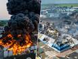 Links beeld van de brand van vrijdagavond. Rechts: de ravage die de brand heeft aangericht.