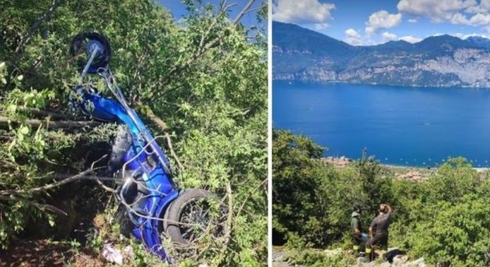 The crashed motorized tricycle, rescue workers overlook Lake Garda (right).