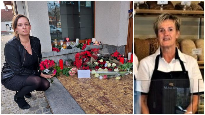 Cindy Van de Leest kwam zaterdag haar kaarsje aansteken aan de ingang van bakkerij Mariën, waar Ilse Michiels dood werd teruggevonden.