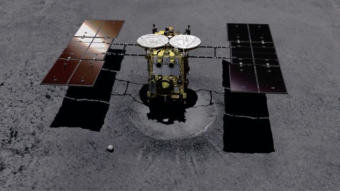 Illustratie gemaakt door de Japan Aerospace Exploration Agency (JAXA) toont de Hayabusa-2 ruimtesonde die op de Ryugu asteroïde landt.