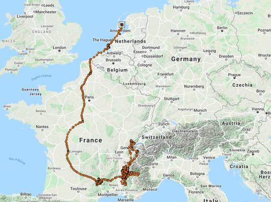 De route die de lammergier in zijn korte leven aflegde.