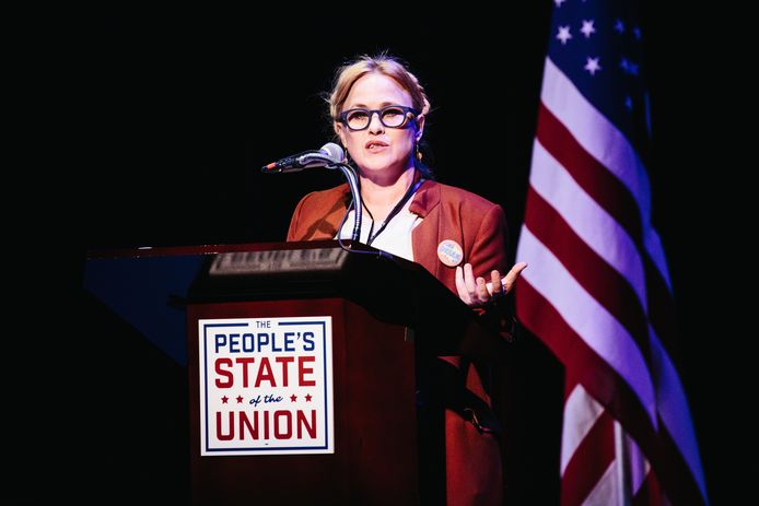 Actrice Patricia Arquette spreekt op de 'State of the Union' van het volk in New York.