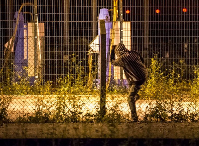 Een migrant kijkt voor een doorgang bij een hek bij Frethun in de buurt van Calais, Frankrijk. Beeld afp