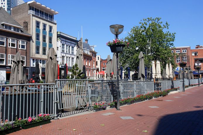 Hekken rond de terrassen op de markt in Eindhoven. Omstanders zeggen dat het wel een dierentuin lijkt.