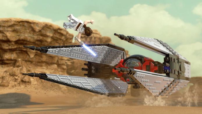 Rey in een bekende scène uit 'The Rise of Skywalker'. De nieuwe collectie 'Lego Star Wars'-games is tegelijkertijd méér 'Star Wars' en méér Lego, maar het element daartussen - parodiërende humor - werd wat naar de achtergrond verwezen.