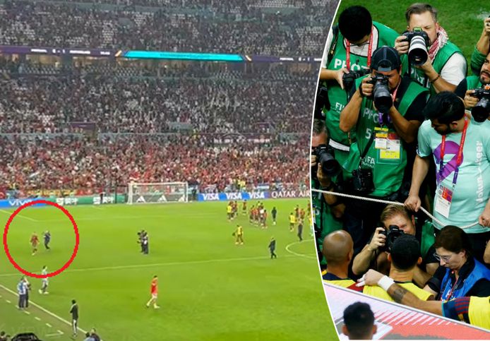 Links: Ronaldo loopt alleen van het veld.
Rechts: fotografen verdringen elkaar voor een foto van Ronaldo.