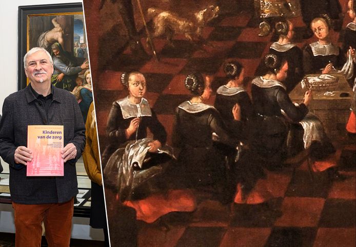 Dirk Luytens schreef samen met Erik Zwysen en Sietske Van den Wyngaert een boek over zes eeuwen stedelijke jeugdzorg. Rechts een close-up van een schilderij in het Maagdenhuis.