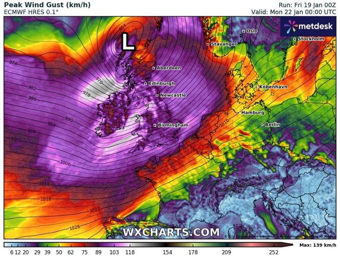 Windstoten tot 120 kilometer per uur zijn niet uitgesloten bij storm Isha.