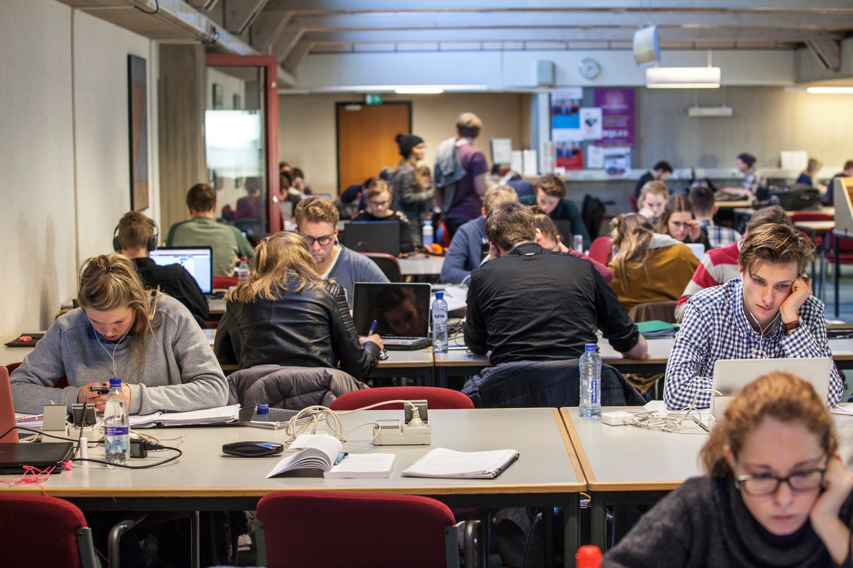 Studenten in een volle studiezaal van de Universiteitsbibliotheek in Groningen.
Foto Harry Cock / de Volkskrant Beeld Harry Cock