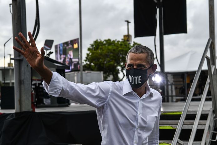 Oud-president Barack Obama op een campagnemeeting voor Joe Biden in Miami.