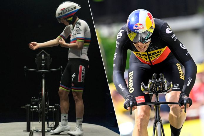 Remco Evenepoel test kledij in de windtunnel van sponsor Castelli, Wout van Aert aan het werk in de tijdrit van de Tour 2023. Belgian Cycling wil er alles aan doen om hen in optimale omstandigheden aan de olympische tijdrit te laten deelnemen.