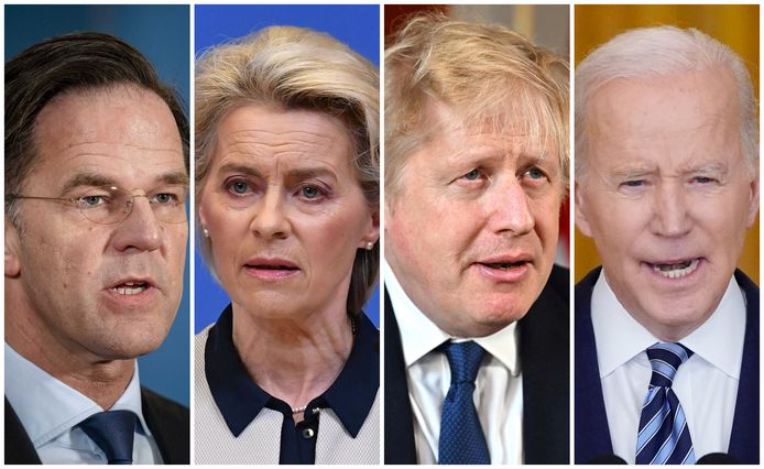 Premier Mark Rutte, voorzitter Ursula von der Leyen van de Europese Commissie, de Britse premier Boris Johnson en de Amerikaanse president Joe Biden veroordelen de Russische inval in Oekraïne.