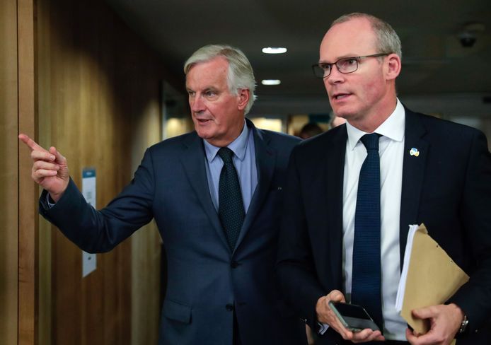 Europees hoofdonderhandelaar Michel Barnier (l.) samen met de Ierse minister van Buitenlandse Zaken Simon Coveney.