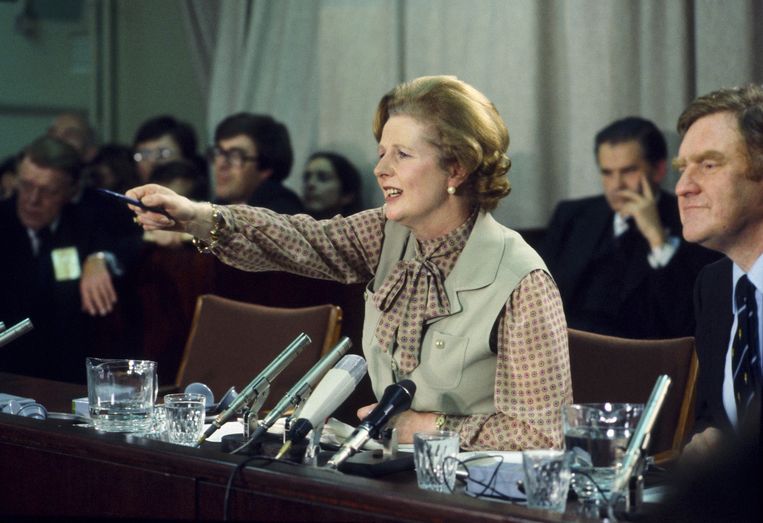 Margaret Thatcher op een politieke bijeenkomst begin jaren tachtig. Beeld Getty Images
