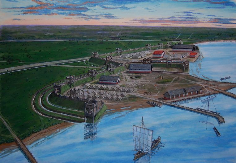 Een impressie van het Romeinse fort en de haven van Velsen. Beeld Graham Sumner