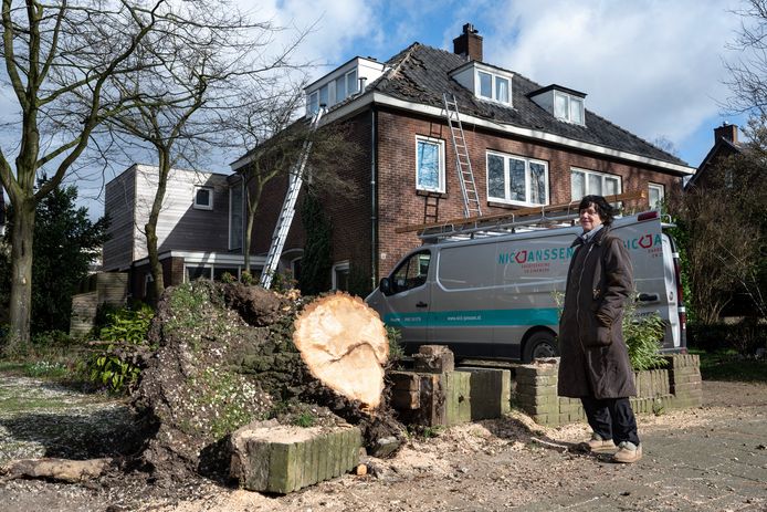 Odette Aarts bij de restanten van de berk die op haar huis viel.