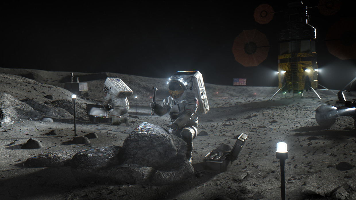 Getekende impressie van het Artemis-basiskamp dat de Amerikanen op de maan willen vestigen. Beeld NASA
