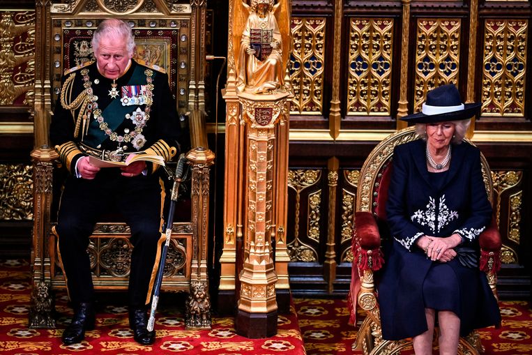 Prins Charles leest de Britse troonrede voor. Naast hem zit zijn vrouw Camilla.  Beeld AP