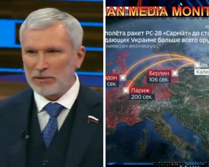 Dans cette séquence de la télévision d'état russe, une carte a été diffusée montrant qu'un missile russe « Sarmat », qui serait basé à Kaliningrad, peut toucher Paris en 200 secondes, Berlin en 106 secondes ou encore Londres en 202 secondes.
