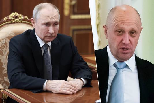 Links: Russische president Vladimir Poetin. Rechts: Jevgeni Prigozjin, leider van de Wagner-groep.