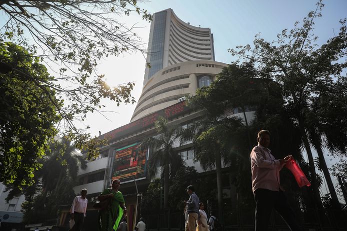 De Bombay Stock Exchange (BSE) in Mumbai, India. Beeld ter illustratie.