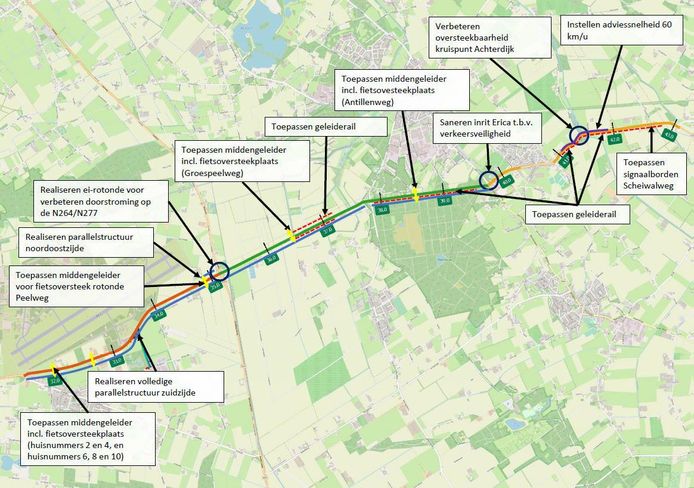 Een overzicht van alle geplande werkzaamheden aan de N264 tussen Odiliapeel en Haps.