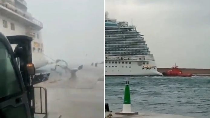 La nave da crociera Britannia era attraccata nel porto di Palma, sull'isola di Maiorca, ma è andata alla deriva a causa dei forti venti.