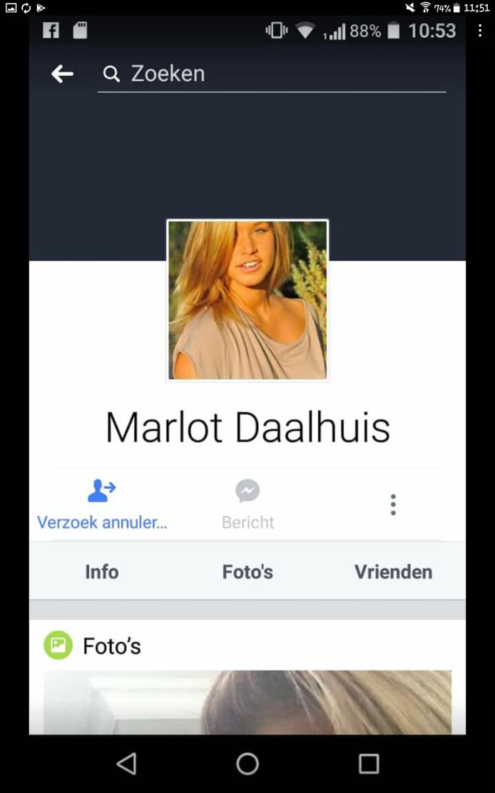 Het Facebookprofiel van de pedofiel die zich voordeed als 'Marlot Daalhuis'.