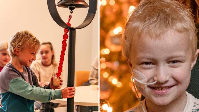 Links: Morris luidt de bel in het Prinses Máxima Centrum; hij mag het ziekenhuis verlaten. Rechts: een zieke Morris in december 2021. Zijn ouders dienden via een sonde medicatie toe.