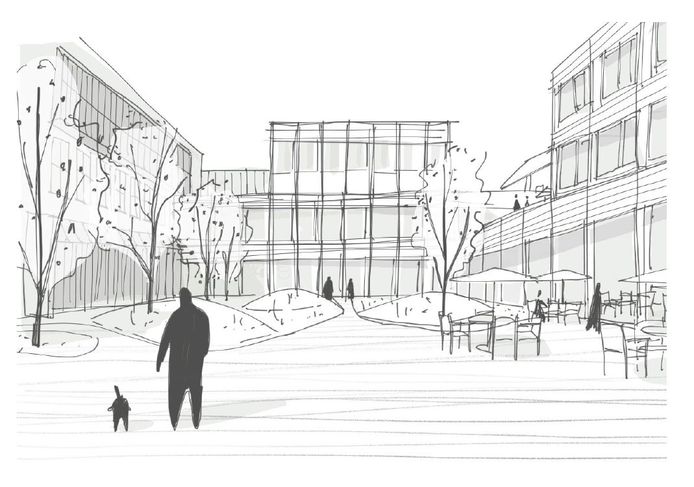 Een schets van de cultuursite in Mechelen na de realisatie van een onthaalgebouw voor het Cultuurcentrum en het deeltijds onderwijs.