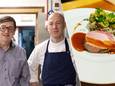 Foto links: zaakvoerder Luc Daneels (60) en chef Tom Van Mol (43). Foto rechts: casselerrib met honing en tijm, courgetteschijfjes en wilde rijst.