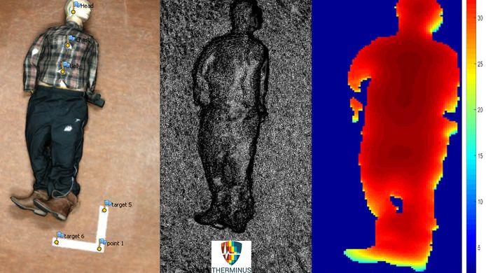 Foto links: het lichaam met thermobuttons. Foto midden: 3D-model van een lichaam. Foto rechts: het thermomodel van het lichaam.