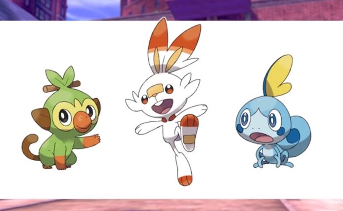 De drie nieuwe starter-Pokémon: Grookey, Scorbunny en Sobble.