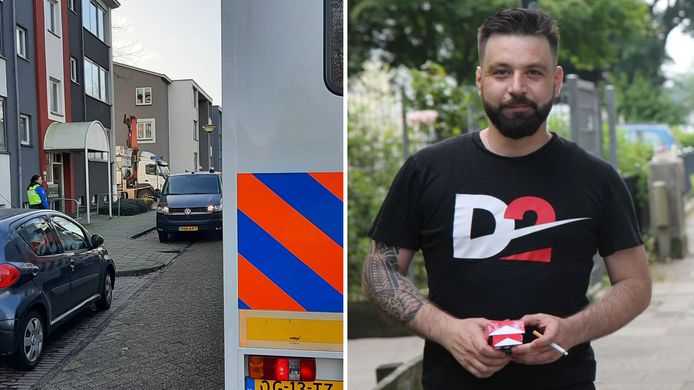 Links: een PD-unit in Almelo bij de flat waar een steekincident met dodelijke afloop is geweest. Rechts: de vermiste Jihad Jafo.