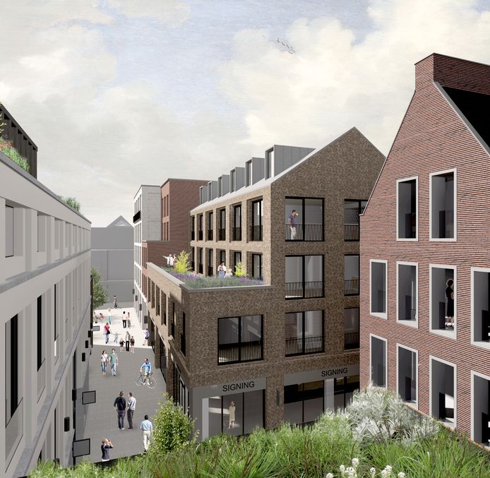 De Weeshuisstraat in Zwolle zoals die er in de toekomst uitziet. De straat komt op het eind (achtergrond) uit op Hudson’s Bay.