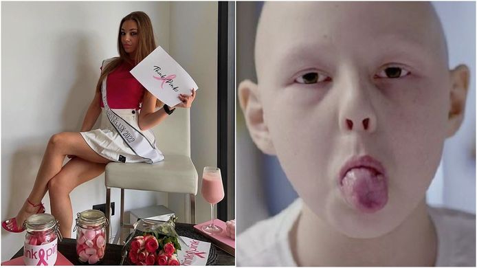 Miss Grace Benelux finaliste Valentine Besard verkoopt roze snoepjes voor Think Pink en herdenkt zo ook Steffie Vermaut (rechts), het meisje dat in 2013 haar tong uitstak voor de Kom Op Tegen Kanker campagne toen