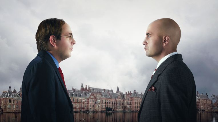 Ramsey Nasr (links, als Ad Melert) en Jeroen Spitzenberger (als Pim Fortuyn) schitteren in de reeks over de vermoorde Nederlandse politicus. Beeld AVROTROS