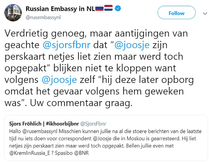 Reacties van de Russische ambassade op Twitter over mediaberichten.