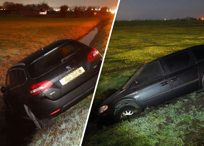 De auto's die gisteravond in de sloot belandden ter hoogte van Genemuiden.