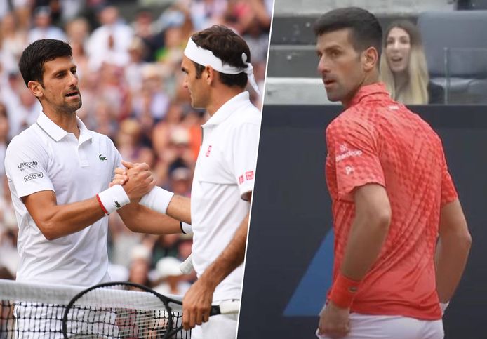 Links: Novak Djokovic en Roger Federer, rechts: de kwade blik richting Cameron Norrie.