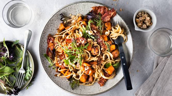 Wat Eten We Vandaag: Spaghetti met pompoenblokjes en spek