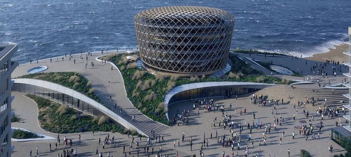 Een toekomstbeeld van hoe het nieuwe casino van Middelkerke er zal uitzien. Het gebouw zou op 1 juli 2023 de deuren moeten openen.