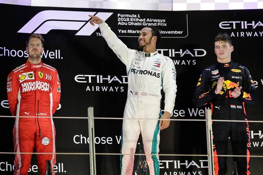 De grote drie v.l.n.r.: Sebastian Vettel, Lewis Hamilton en Max Verstappen