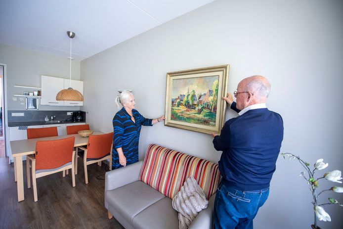 Gerard en Wil Ekelenkamp hingen dinsdag twaalf schilderijen op, die ze aan hospice De Reggestroom in Rijssen hebben geschonken.
