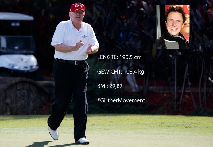 Donald Trump op de golfbaan van de International Golf Club in West Palm Beach in  Florida. Inzet: regisseur James Gunn.