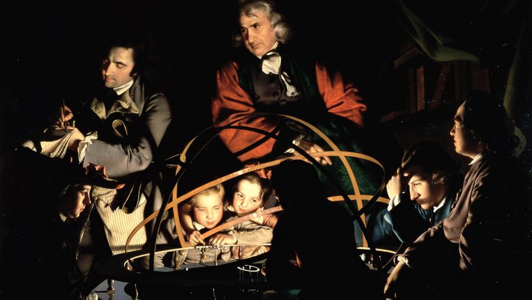 'The Orrery' (planetarium) van de hand van Joseph Wright of Derby (1734-1797). Een verlichtingsfilosoof geeft uitleg bij een model van het zonnestelsel. Niet langer de aarde, maar de zon is het middelpunt. Beeld Belga