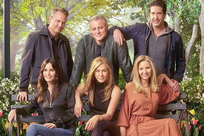 Matthew Perry, Matt LeBlanc, David Schwimmer, Courteney Cox, Jennifer Aniston en Lisa Kudrow, de hoofdrolspelers uit ‘Friends’