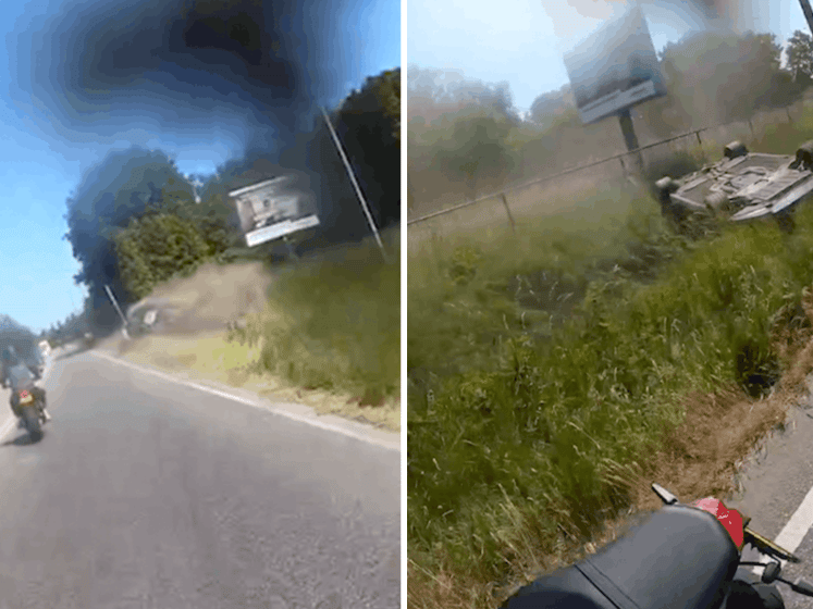 Motorrijder in Brabant filmt hoe BMW over de kop in greppel belandt