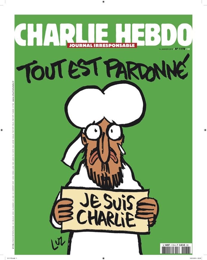 Cover van het nummer dat een week na de aanslag van 7 januari 2015 tegen Charlie Hebdo is verschenen.