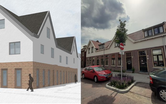 De vergelijking van woningen aan de Hubertastraat in Philipsdorp (rechts) in Eindhoven, met de plannen van CPO Philipsdorp op de hoek Draaiboomstraat-Langdonkenstraat-Hubertastraat.